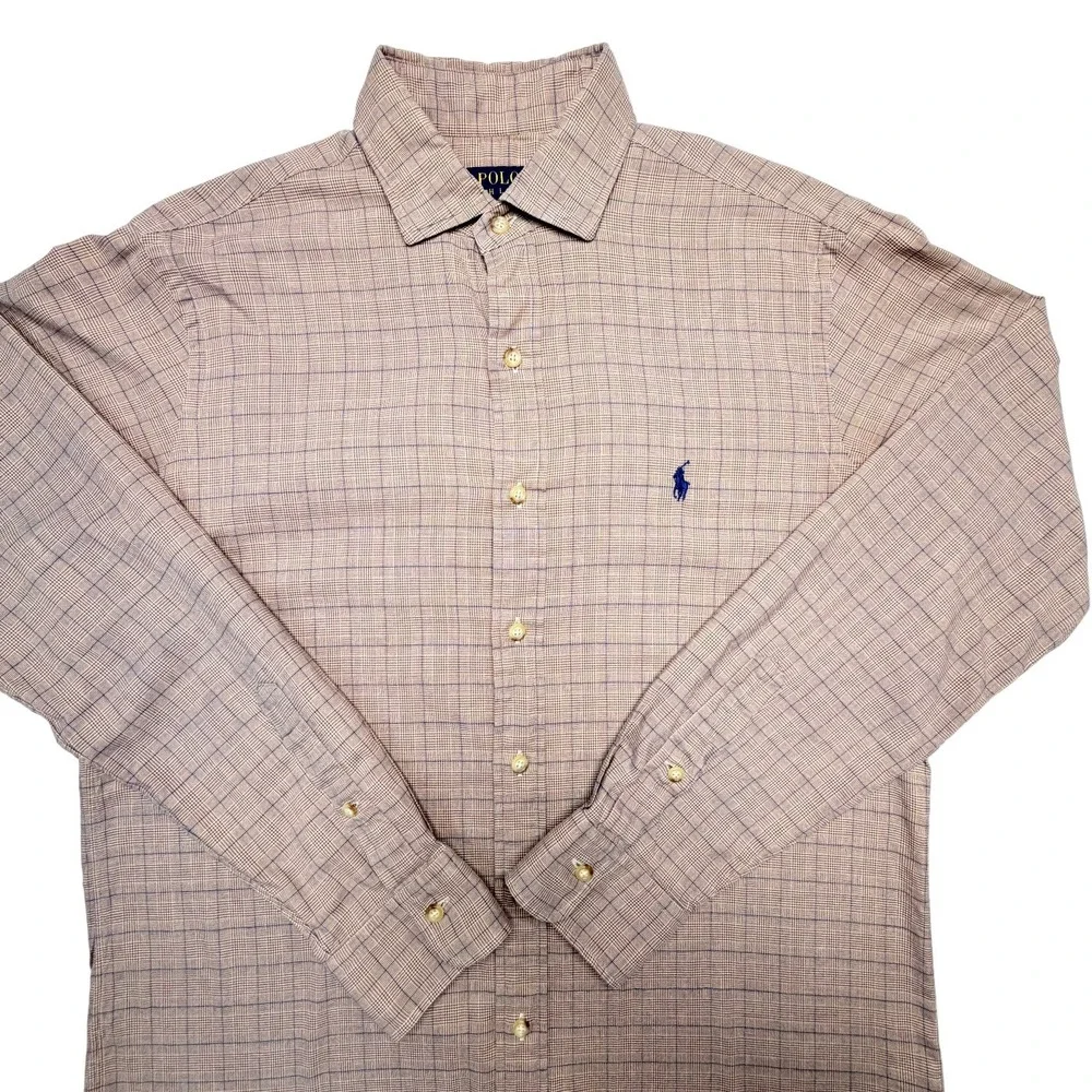 Ralph Lauren Mens Medium Brown Plaid Cotton Button Down Shirt Preppy Neutral
